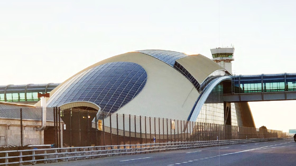 Completed exterior view of airport station space-frame canopy